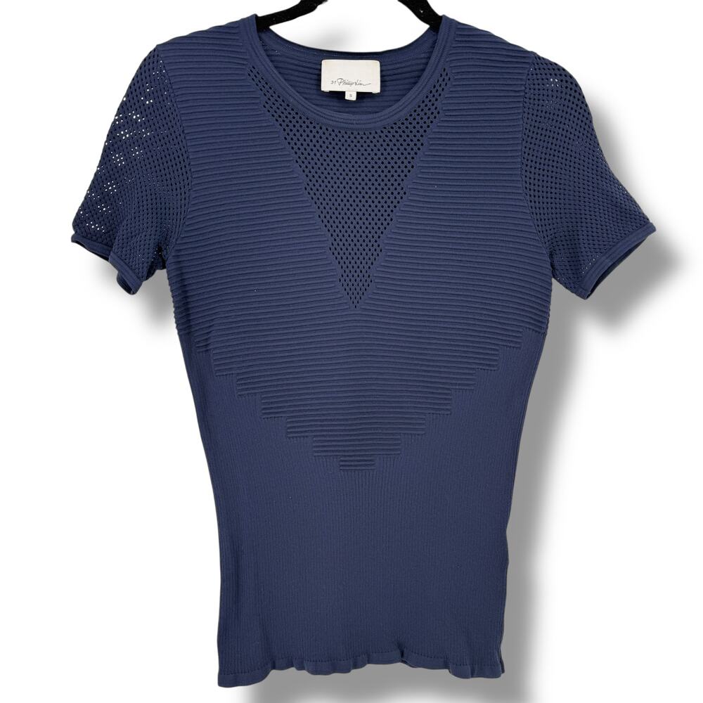 3.1 Phillip Lim Blue Ribbed Knit Top Mesh Short Sleeve Womens Size Small Stretch